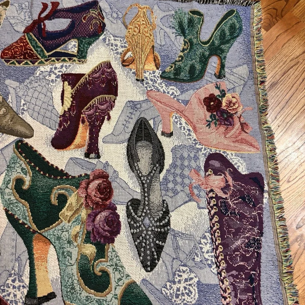 Simply Country‎ Victorian Shoes Woven Tapestry Throw Blanket Afghan Fringe USA